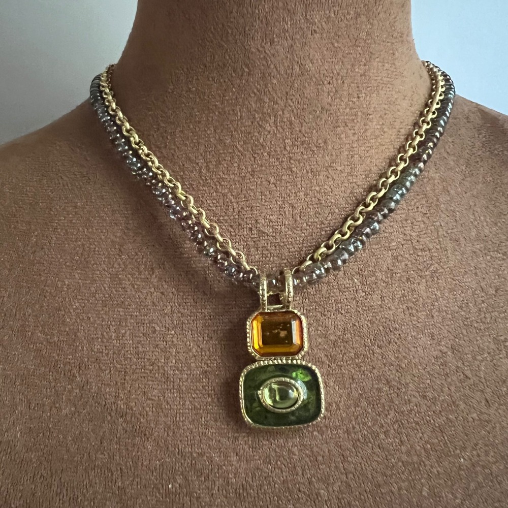 Vtg Liz Claiborne Double Layer Beaded Pendant Necklace Gold Green Amber 16-18"